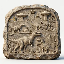 3d render of a rock relief showing the layers of time, dinosaurs, UFOs, Crocodile Loki, Atlantis, cinema4d, 8k, detailed