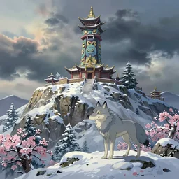 a wholesome animation key shot, wolf spirit totem temple on the top of a mountain, winter, smow, studio ghibli, pixar and disney animation, sharp, rendered in unreal engine 5, anime key art by greg rutkowski, bloom, dramatic lighting, volumetric lighting!!