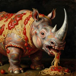 half boy half rhino made of spaghetti and tomato sauce, looking straight into camera, screaming in pain, by giuseppe arcimboldo and ambrosius benson, renaissance, fruit, intricate and intense oil paint, a touch of beksinski and hr giger and edward munch, realistic
