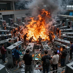 diverse groups of humans destroying the supercomputers, breaking circuits, smashed, fire, smoke, from behind, rebirth, beauty, wide angle, elaborate, wet, highly detailed, colors, beautiful lighting