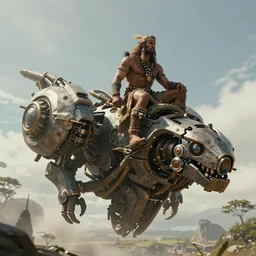 an concept art illustration, bushman tribal man riding on a large floating mechanical biome, natural light, cinematic, fantasy, style by wlop, trending in artstation, cgsociety, octane render, ultra sharp, unreal engine, 8 k