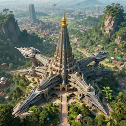 a beautiful and highly detailed digital nepali architecture, futuristic spaceships, entire city in view, lush forests, intricate details, epic scale, insanely complex, 8 k, sharp focus, hyper realism, fantasy landscape, psychedelic, by caspar friedrich