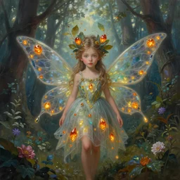 breathtaking detailed soft painting of a little fairy princess in the distance of a luxurious dawn forest by loputyn, gauze dress of stained glass embers floating around, detailed realistyc symmetrical facial features, amalgamation of leaves and flowers, 8k, concept art, matte, sharp focus, rembrandt style