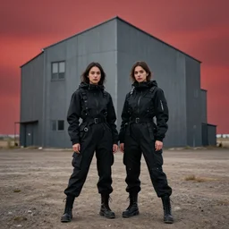 photograph of 2 women wearing techwear in front of a brutalist metal building, on a desolate plain, red eerie sky, sigma 8 5 mm f / 1. 4, 4 k, depth of field, high resolution, 4 k, 8 k, hd, full color