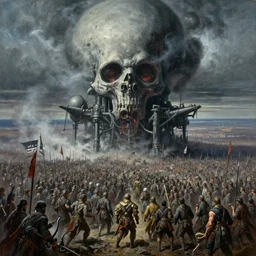 oil painting of 3 0 0 0 battle - panorama trichinosis nightmare machine, by alberto bontempi, shigeru komatsuzaki, wayne d barlowe, alex ross, enric torres & boris vallejo, hyper realism, cinematical, narrative light, epic, cold muted colors, hyper detailed, awe inspiring, award winning horror,