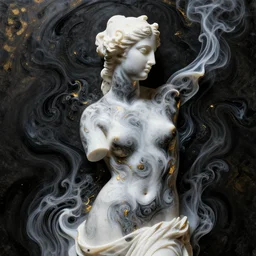 black fluid simulation, 3 d face render, female model portrait, boticelli venus, venus de milo, smoke sculpture, intricate fractal patterns, beautiful female body silhouette melting, swirly color mix in white paint, white carved abstract sculpture, black mineral quartz sculpt, neon lights, swirly curls fractal gold, abstract white fluid, golden edges and fractals, artstation, render, cinematic light, art noveau fresco ink, renessaince paint, liquid acrylic painting