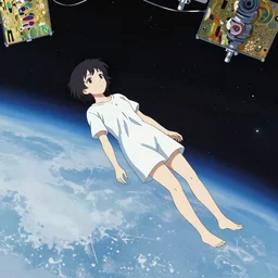 a lonely girl floating in a spacestation, akihito yoshida, gustav klimt, yuya nagai, Ilya Kuvshinov, murata range, jean giraud, makoto shinkai, kawaii, alphonse mucha, matte colors, high saturation, detailed, 1990s
