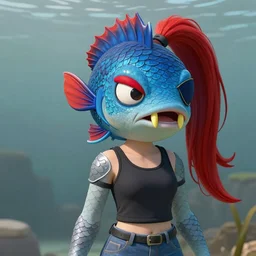 Portrait of a piscine, anthropomorphic monster. She has blue scales and a long red ponytail. She has red and blue fins on the sides of her head, and a pair of sharp, yellow, protruding teeth. She wears a red eye shadow and has an eyepatch on her left eye. She also wears a black tank top and jeans, but debuts in armor varying in light and dark shades of gray. Her eyes have black vertical pupils and yellow sclera. She has no nose. Digital art, sharp focus, natural lighting, artstation
