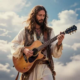 hippy jesus plays guitar in heaven