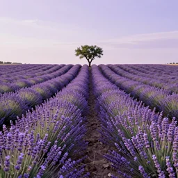 beautiful lavender field, lines leading away from viewer to horizon,! single tree! on horizon in center, desaturated colors, ultra wide angle, sunset, dramatic sky, by charlie waite