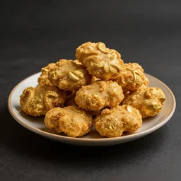 A plate of ornate, detailed, solid gold chicken nuggets, studio lighting