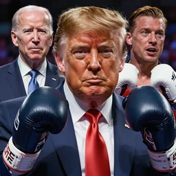 hyper detailed ultra sharp full body character portrait of donald trump in a boxing match with joe biden, cinematic lighting, good value control, league of legends splash art, photorealistic eyes, smooth, realistic shading, enhance face, painted texture maps,