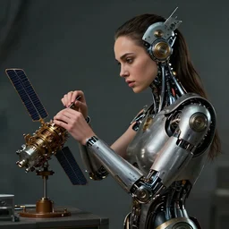 a young barefoot gal gadot girl with cybernetic enhancements working assembling a satellite, smooth skin, scifi character portrait by greg rutkowski, esuthio, craig mullins, 1 / 4 headshot, cinematic lighting, dystopian scifi gear, gloomy, profile picture, mechanical, half robot, implants, steampunk