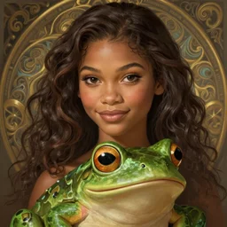 beautiful young zendaya as tiana princess disney, frog closeup, d & d, fantasy, intricate, elegant, highly detailed, digital painting, artstation, concept art, matte, sharp focus, illustration, art by artgerm and greg rutkowski and alphonse mucha