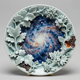 the war multiverse, highly detailed carving on southern ice porcelain, partially lava crystallized, leaves, nebulas, woodfired, art gallery