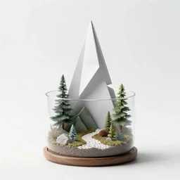 origami terrarium, clean 3d render, full body, isolated on a pure white background, centered, entire subject in frame, sharp focus, soft studio lighting