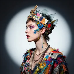 a person wearing a futuristic crown, side portrait, wearing seven necklaces, passionate, spotlight, dramatic, paint drips, textiles, collage, mixed media, paint splatter, scraps, vibrant colors, futuristic clothing, beautiful eyes, broken glass, by marco paludet, by jeremy mann, by hannah hoch