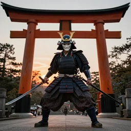 a godlike and indomitable helmeted and masked samurai posing with their weapons under an enormous Torii gate, the rising sun in the background. Badass pose. Photo realistic. Award winning