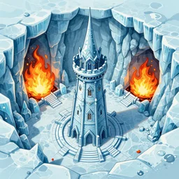 Aerial view of a wizard tower surrounded by an ice cave, a fire cave, an ice mine and a fire mine, lineart, colored