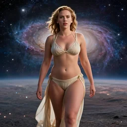 film still of unrealistically curvy scarlett johansson, focus on facial - detail!!!!!!, walking on the bifrost, toward an endless abyss in space, wearing a flowy bikini inspired by ancient roman clothing, beautiful astronomical background with galaxies and nebulas, lack of sunlight, 8 k resolution, cinematic lighting, anatomically correct, by christopher nolan