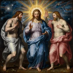 the cosmic event at which the unity and the trinity ruptured, creating the false christian god, 16th century painting, prismatic colors
