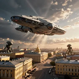 saint petersburg cityscape huge alien starship landing in th horison and on some buildings, alien titans, cinematic, epic, dramatic lighting, cinematic view, epic sky, detailed, concept art, low angle, high detail, warm lighting, volumetric, godrays, vivid, beautiful, trending on artstation, by jordan grimmer, huge scene, art greg rutkowski