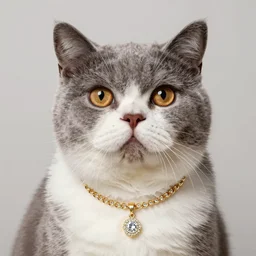 a british shorthair wearing a golden necklace with diamonds