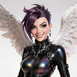 portrait bust digital artwork of tracer overwatch, wearing black iridescent rainbow latex, 4 k, expressive happy smug expression, makeup, in style of mark arian, angel wings, wearing detailed black leather collar, chains, black leather harness, detailed face and eyes,
