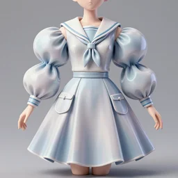 designer vinyl figure collection ball shaped accordion sleeve haute couture, sailor uniform, midi skirt, coat, synthetic curves striking pose, dynamic folds, cute pockets, volume flutter, youthful, modeled by modern designer bust, anime stylized, body fit, award fashion, holographic tones, expert composition, professional retouch, editorial photography