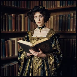lomography, full body portrait photo of women like reol holding dressed like witches in a library, open books, wearing an ornate robe and choker by alphonse mucha, moody, realistic, dark, skin tinted a warm tone, light blue filter, hdr, rounded eyes, detailed facial features, gold black