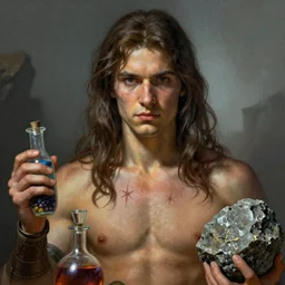 close - up portrait of alchemist warrior, long haired, young with scars on torso, equipped with potions and magic rock, highly detailed, by frank frazetta, keith parkinson and greg rutkowski and aleksandra skiba