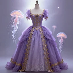 purple dress design in the style of rococo ,Victorian era，jellyfish element,Gold roselace,dreamy, soft ,Backlight ,luminescence，Aetherpunk,highly detailed,8k