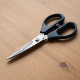 scissors on a wood surface, photograph, 4 k