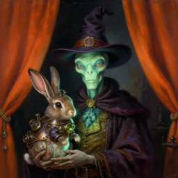 a close - up portrait painting of a whimsical glowing alien wizard magician holding a steampunk rabbit. orange curtains, gloomy dark atmosphere. highly detailed science - fiction painting by norman rockwell, moebius, frank frazetta, and syd mead. rich colors, high contrast. artstation