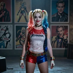 Harley Quinn, cinematic, Wide-shot, atmospheric lighting, directed by Quentin Tarantino, comic book panels