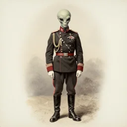 1 9 4 0 s daguerreotype of portrait of an alien in a world war ii marshal's outfit, ornate, illustration, full body, military,