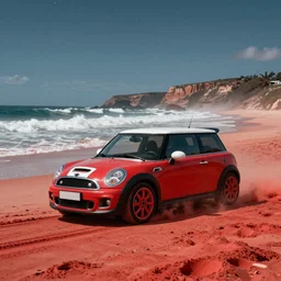 mini cooper s, australian beach, red sand, otherworldly science fiction surrealism landscapes. waves. dust. stars. by dr seuss.
