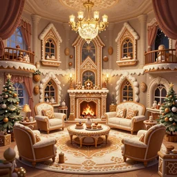 inside a gingerbread house living room decorated in a grand fashion, a detailed matte painting by anton pieck, deviantart contest winner, fantasy art, concept art, official art, matte drawing