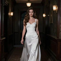 A beautiful woman in white is walking dark hallway in old mansion at midnight , view from front, Halloween color film.