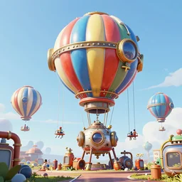 large colorful futuristic space age metallic steampunk steam - powered balloons with pipework and electrical wiring around the outside, and people on rope swings underneath, flying high over the beautiful athens city landscape, professional photography, 8 0 mm telephoto lens, realistic, detailed, photorealistic, photojournalism