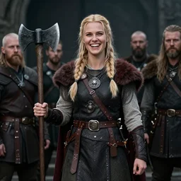 an ultradetailed picture of blonde viking woman holding a battleax, laughing with a group of men, dark academia style, viewed from behind and above, intricate, elegant, illustration, digital painting, burning village in the background, 8 k, fine detail, art by greg rutkowski, frank frazetta, jack kirby, albert aublet, frank herbert, and alphonse mucha