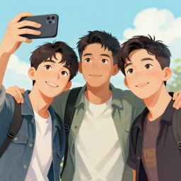 a detailed colorful illustration of three ( b boys ) posing for a selfie by timothy kong, trending on artstation