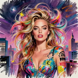 a sketch, ultra detailed, fashion, magic, universe, beautiful woman, similar to margot robbie, crazy, volume hairstyle, beatiful colors, surreal city, in style of jean - michel basquiat, trending on artstation