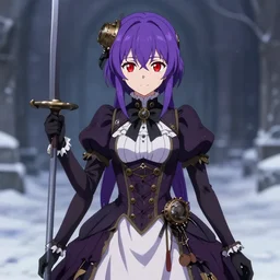 demi rose as a very beautiful anime woman, purple hair, red eyes, weapon, steampunk, symmetrical face, symmetrical eyes, full round face, short smile, wearing full clothing in full clothing victorian dress, winter setting, cinematic lighting, medium shot, mid - shot, highly detailed, makoto shinkai, artgerm, ilya kuvshinov, loish, rossdraws