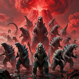 movie still frame, large group of kaiju monsters emerging from a volcano, psychedelic red clouds in the background, intricate details, beautiful composition, 8 k, cgi, by ridley scott, james cameron, zack snyder and michael bay
