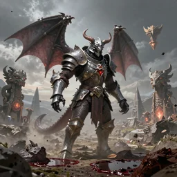 an eldrazi devouring knights, blood pools everywhere, landscape with flying magic pyramids and totems