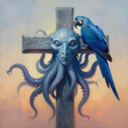 painting of cross between cthulhu face & blue macaw, intercrossed animal with tentacles, by zdzislaw beksinski, by tiffany bozic, cold hue's, warm tone gradient background, concept art, beautiful composition, digital painting,