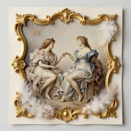 baroque rococo matte pastel paper assemblage armature with fur and feathers, sensuous, adagio, aria, canon, canticle, gilded, hyperrealism, hyperrealistic, octane render
