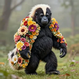 a skunk ape Bigfoot wearing a cloak made of flowers, by Omar Z. Robles, CANON Eos C300, ƒ1.8, 35mm, 8K, medium-format print