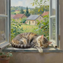 sleeping cat on window, inside house in village, plants, detailed oil painting